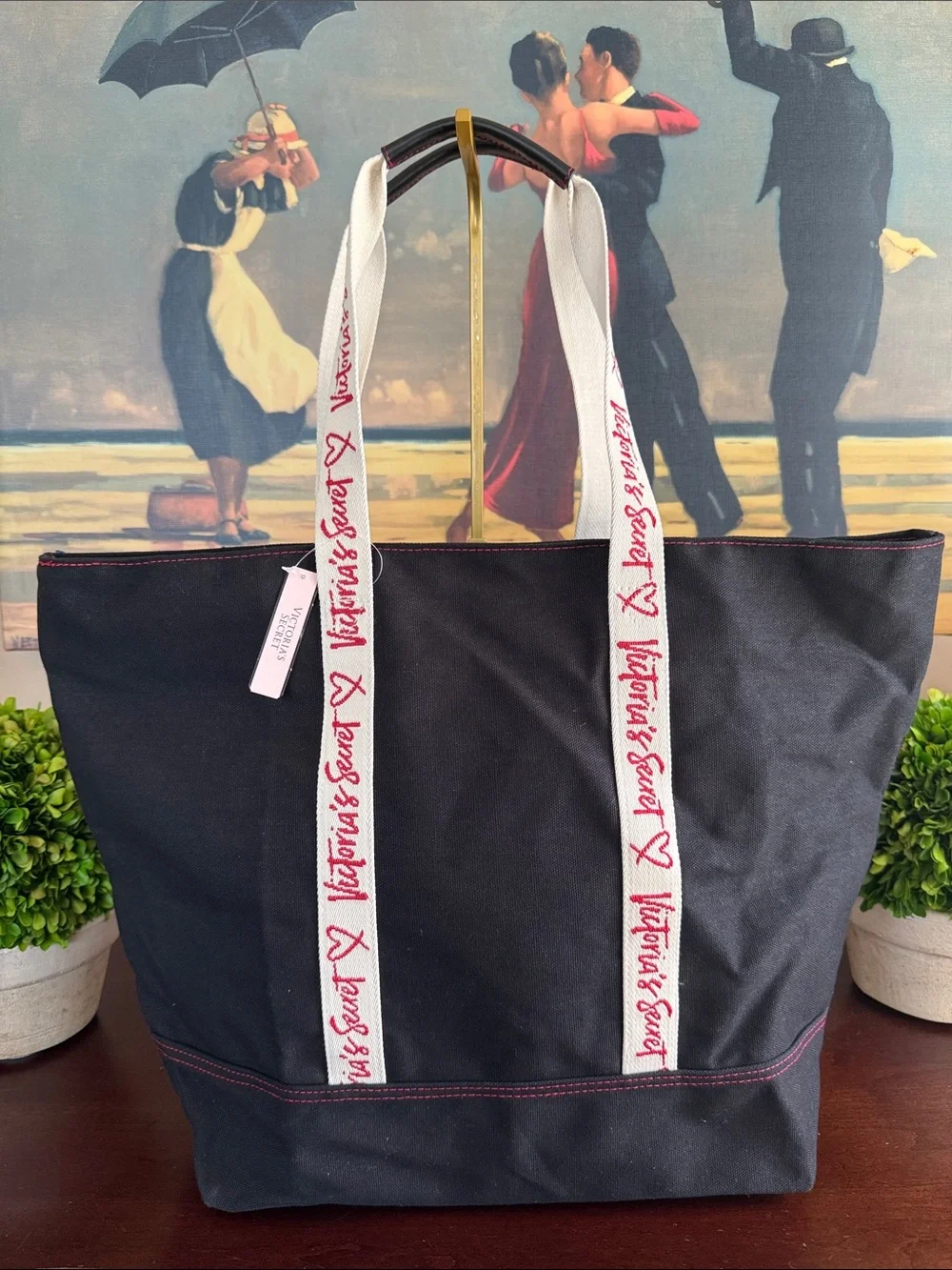 Victoria's Secret 🖤❤️ BLACK WITH RED LOGO STRAPS CANVAS ❤️🖤 TOTE BAG 🌟NWT🌟